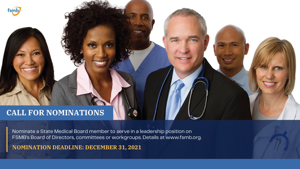 TheFSMB's tweet photo. We’re seeking dedicated leaders committed to strengthening medical regulation and enhancing public protection. Nominate a state board member to serve on the FSMB’s Board of Directors, committees, or workgroups. Submission deadline is Dec. 31. Learn more https://t.co/V6KWh1wjIl https://t.co/WRgxJ15dPy