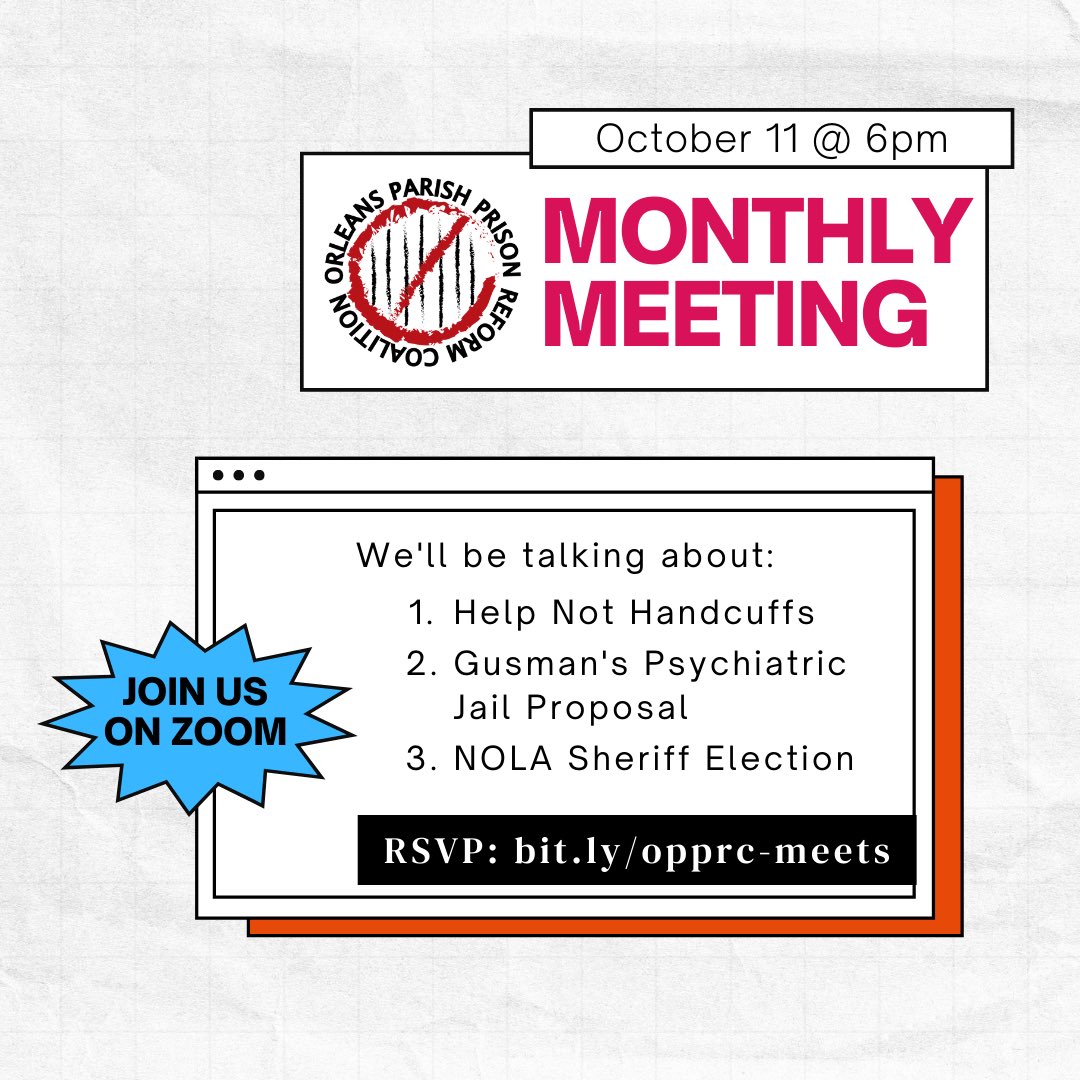 OPPRCNOLA's tweet image. We’re meeting now!! 

Come join as as we debrief today’s #HelpNotHandcuffs task force meeting, and talk about the upcoming sheriff election!