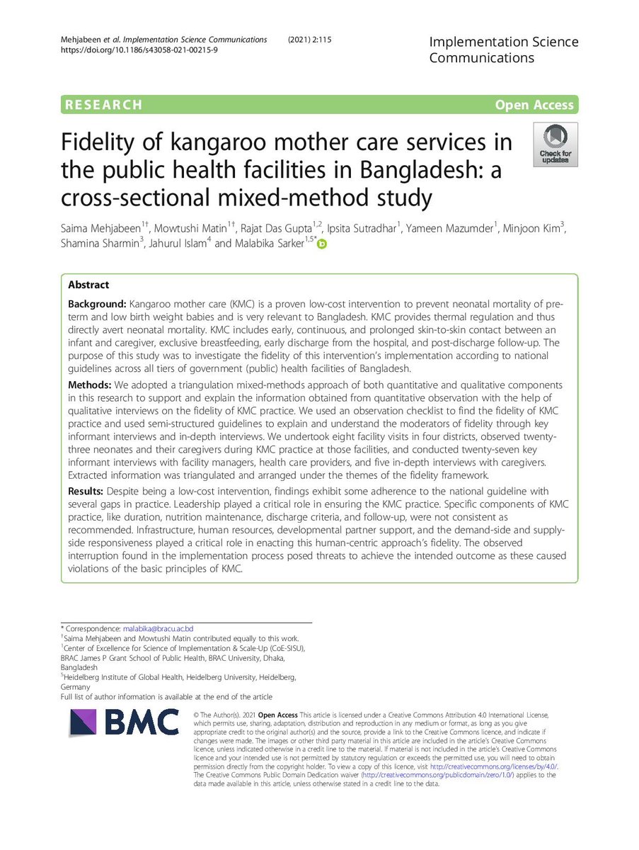 RajatDasGupta11's tweet photo. New Publication on ‘Kangaroo Mother Care’ (KMC) in #Bangladesh .
"Although cost-effective and less complex, implementing KMC in a resource-poor setting is yet challenging."
#Implementation_research
@USCArnoldSchool
@BRACJPGSPH https://t.co/YEKSX5OXsU