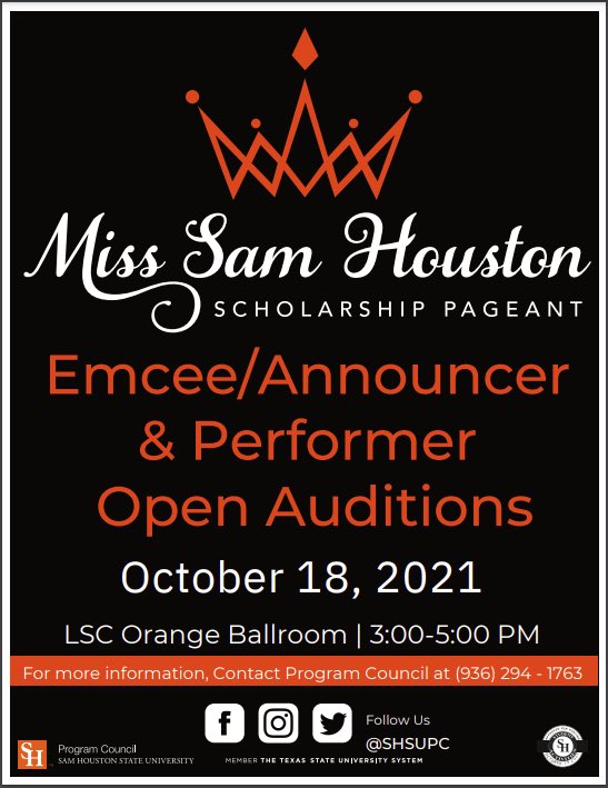 shsupc's tweet photo. Miss Sam Houston Applications are open! Have you applied? 👑

Open auditions for Emcee &amp; Performers are creeping up to! https://t.co/dA0oeNhLAj