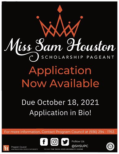 shsupc's tweet photo. Miss Sam Houston Applications are open! Have you applied? 👑

Open auditions for Emcee &amp; Performers are creeping up to! https://t.co/dA0oeNhLAj