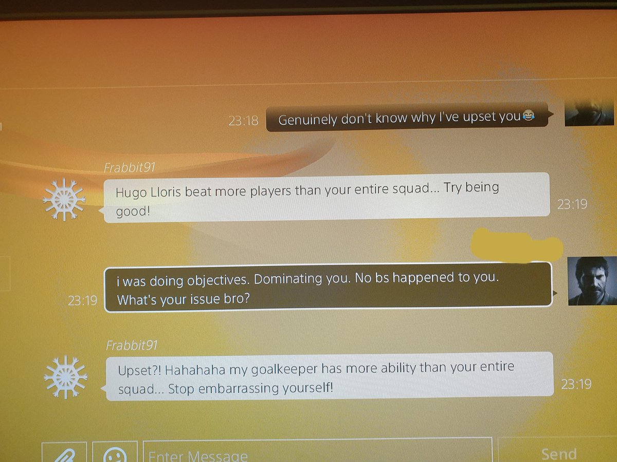 LewGTW's tweet photo. Doing objectives for the friendly mode and some odd bloke messages me after going 3-0 down in like 15-20 minutes moaning I passed the ball to an open player (because he's wank at def) to score for an objective. Searched his name on twitter and turns out he has a rep for this 😂 https://t.co/6TFMaACae9