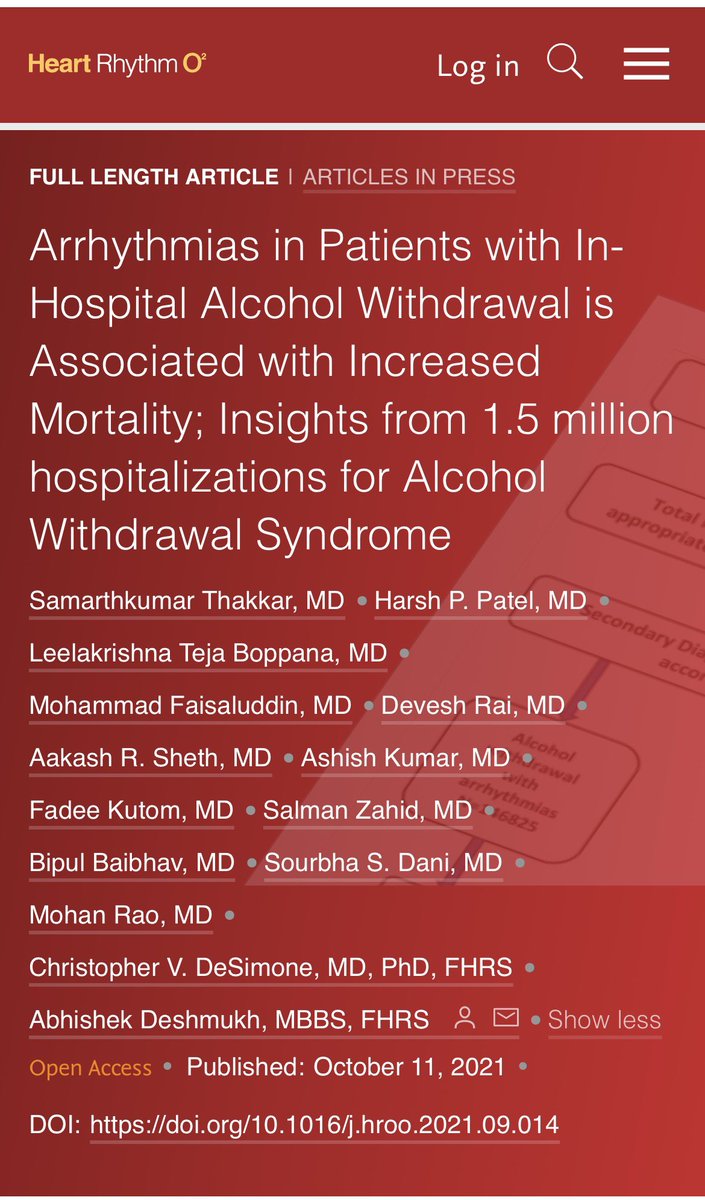 Alcohol is never a bad idea except when it comes to arrhythmias. Read our analysis on #arrhythmias related to #alcohol withdrawal and in-hospital #outcomes heartrhythmopen.com/article/S2666-… 
Grateful to super supportive mentors <a href="/abhishek_mbbs/">Abhishek</a> <a href="/DrDeese99/">Christopher DeSimone, MD, PhD</a> <a href="/SaurabhSDani/">Saurabh S Dani, MD, MSc, FACC, FASE</a> <a href="/bbaibhav/">Bipul Baibhav MD</a> <a href="/MraoEP77/">Mohan Rao</a>