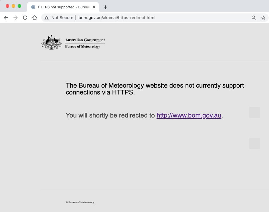 NewtonMark's tweet image. Unbelievable that it's 2021 and the BoM supports only exactly enough HTTPS to deliver this error message to every HTTPS-preferring browser, which they've copyrighted.