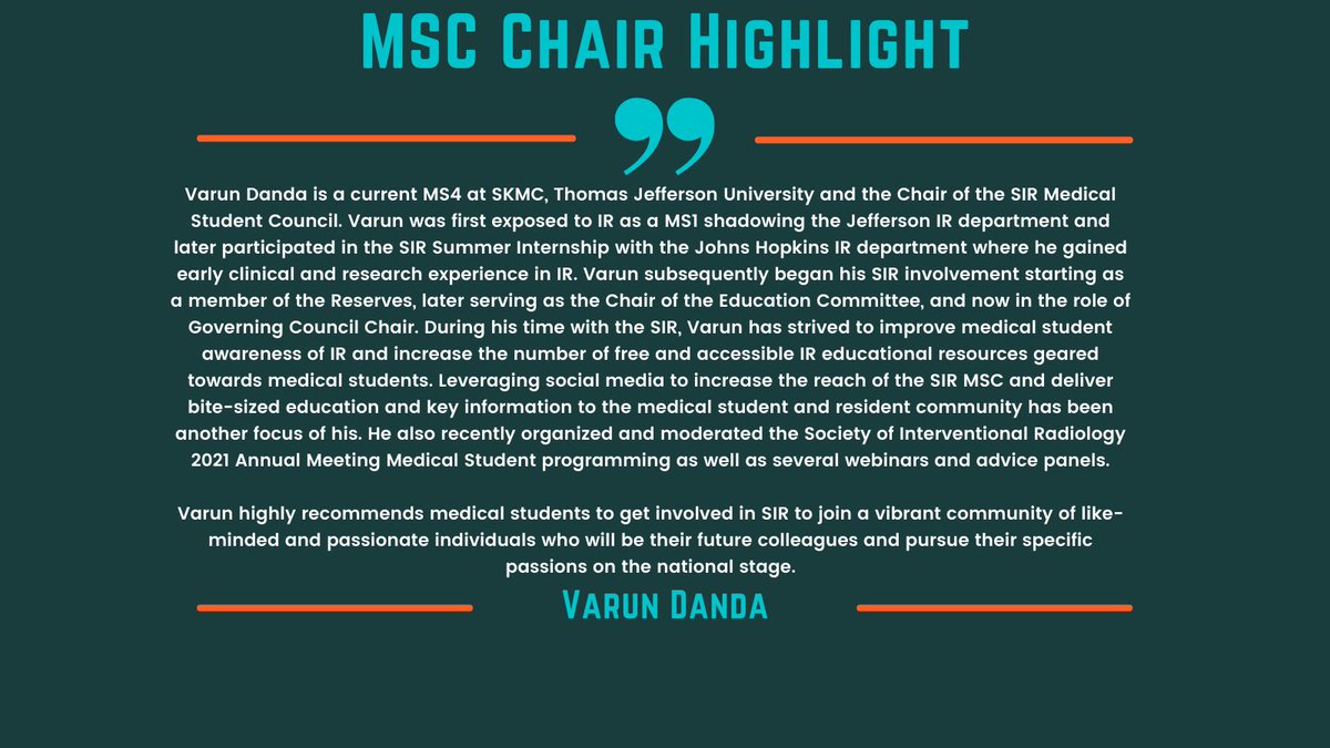SIR RFS (@sirrfs) on Twitter photo Medical Student Spotlight! <a href="/varun_danda/">Varun Danda, MD</a> is the MSC Chair.
#TwittIR #IRad #IR #SIR #VIR #RadTwitter #MedTwitter #MedStudentTwitter Medical Student Spotlight! <a href="/varun_danda/">Varun Danda, MD</a> is the MSC Chair.
#TwittIR #IRad #IR #SIR #VIR #RadTwitter #MedTwitter #MedStudentTwitter