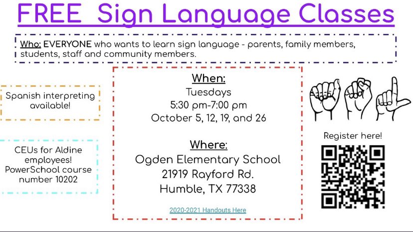 Join us <a href="/OgdenES_AISD/">Rick Ogden Elementary School</a> tomorrow night for week 2 of FREE ASL classes. @DeafEd1stGrade @MsHutto_DeafEd, and Ms. Kilgore would love to have you in their class! <a href="/aldinesped/">Aldine ISD SPED</a> <a href="/TeagueMS_AISD/">Teague Middle School</a> <a href="/NimitzHS_AISD/">Nimitz High School</a> <a href="/TerraTh20343230/">Terra Thompson</a> <a href="/AdiRey72/">adi_rey72</a>