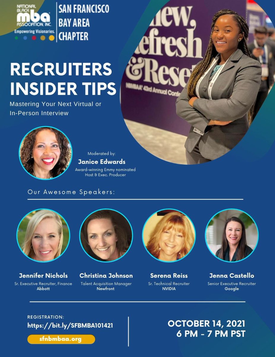 TheSFBlackMBA's tweet photo. Join us this Thursday, Oct 14, at 6 pm PST to hear best tips on how to master virtual and in-person interviews from our panel of recruiters. Register Now for Recruiters Insider Tips! https://t.co/D4NoKiauyT https://t.co/MOEUcFY2sZ