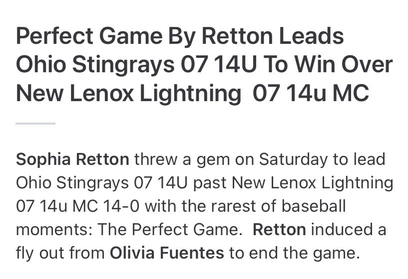 We went 5-1 at the IMG Fall Invitational. Our team played great all weekend. Love playing with this team! I went 2-0 in the circle. 13 IP, 7 hits, 1 walk, and 2 ER. I was super excited to throw my first 14u Perfect Game. I could not have done it without our great defense.