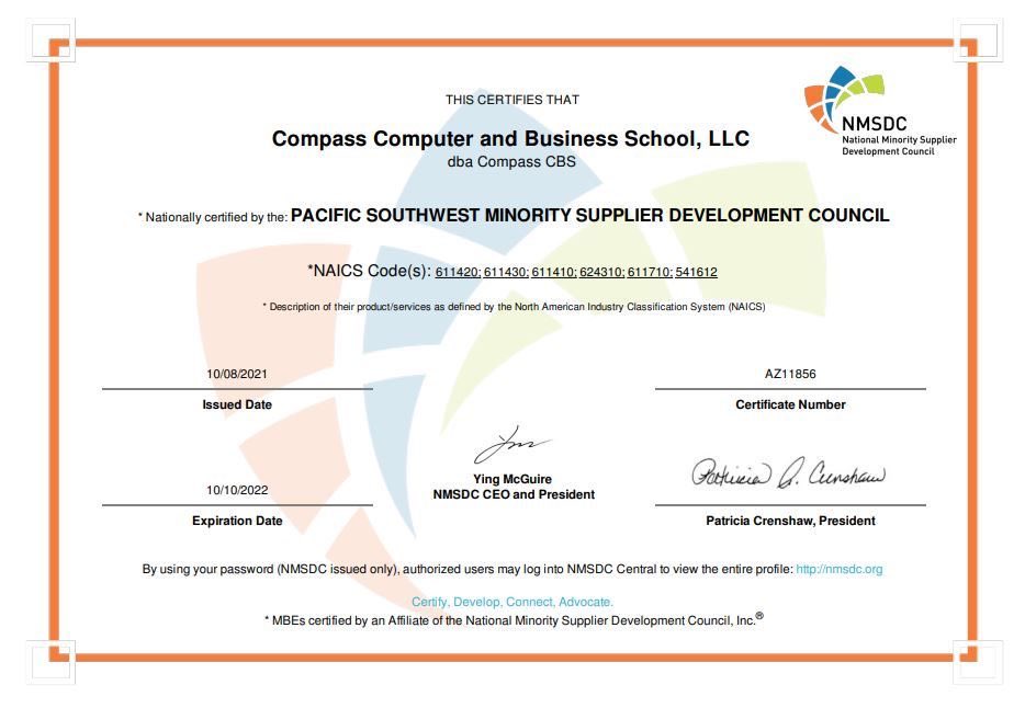 CompassCBS's tweet image. We are happy to share our 2022 re-certification as a #minorityownedbusiness with the @PSWMSDC! We provide organizations with online curriculum and training services that help their workers gain skills to succeed in the 21st century economy.  #training #diversity