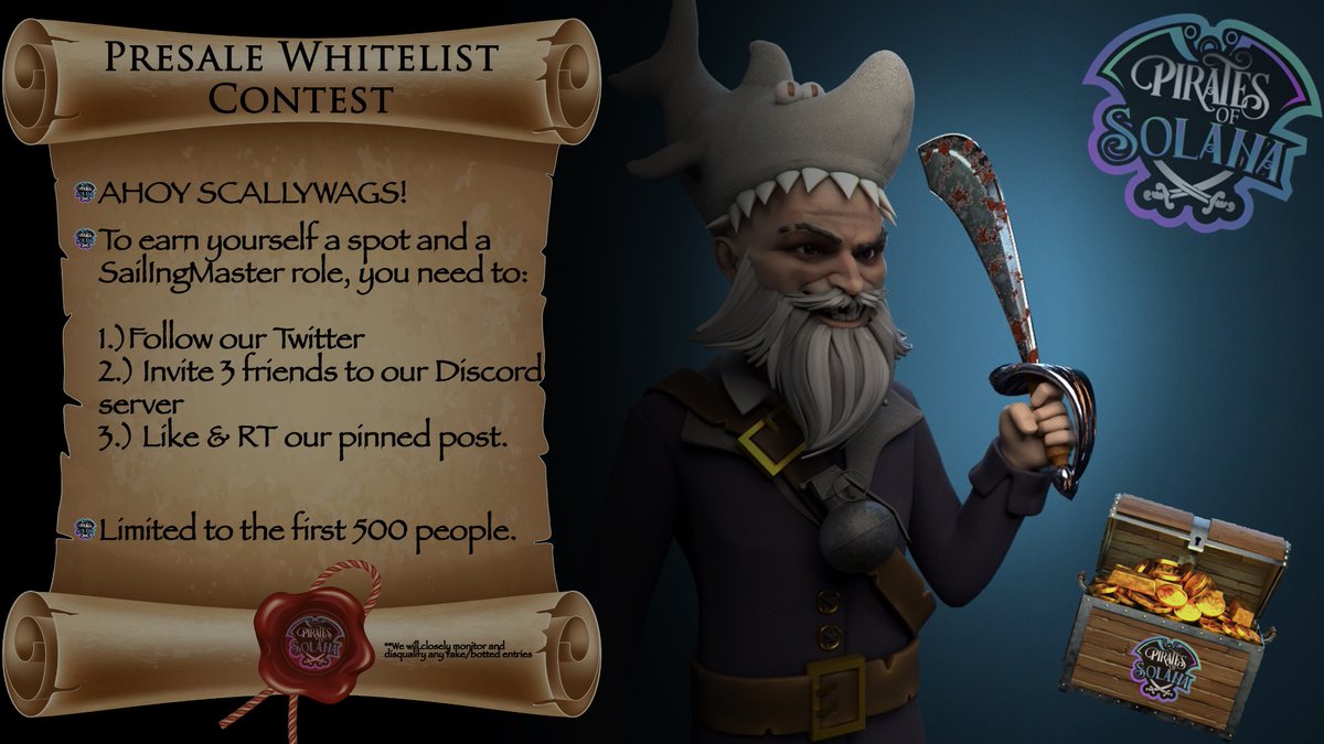 PiratesOfSolana's tweet image. Ahoy mateys, our Presale Whitelist Competition is now LIVE. 

Follow the instructions below to secure your spot! 

To celebrate this news, we are GIVING AWAY 3 SOL. 1 SOL to 3 lucky winners. 

Like &amp;amp; RT this post for a chance to win!

#NFT #Solana #SolanaNFTs $SOL