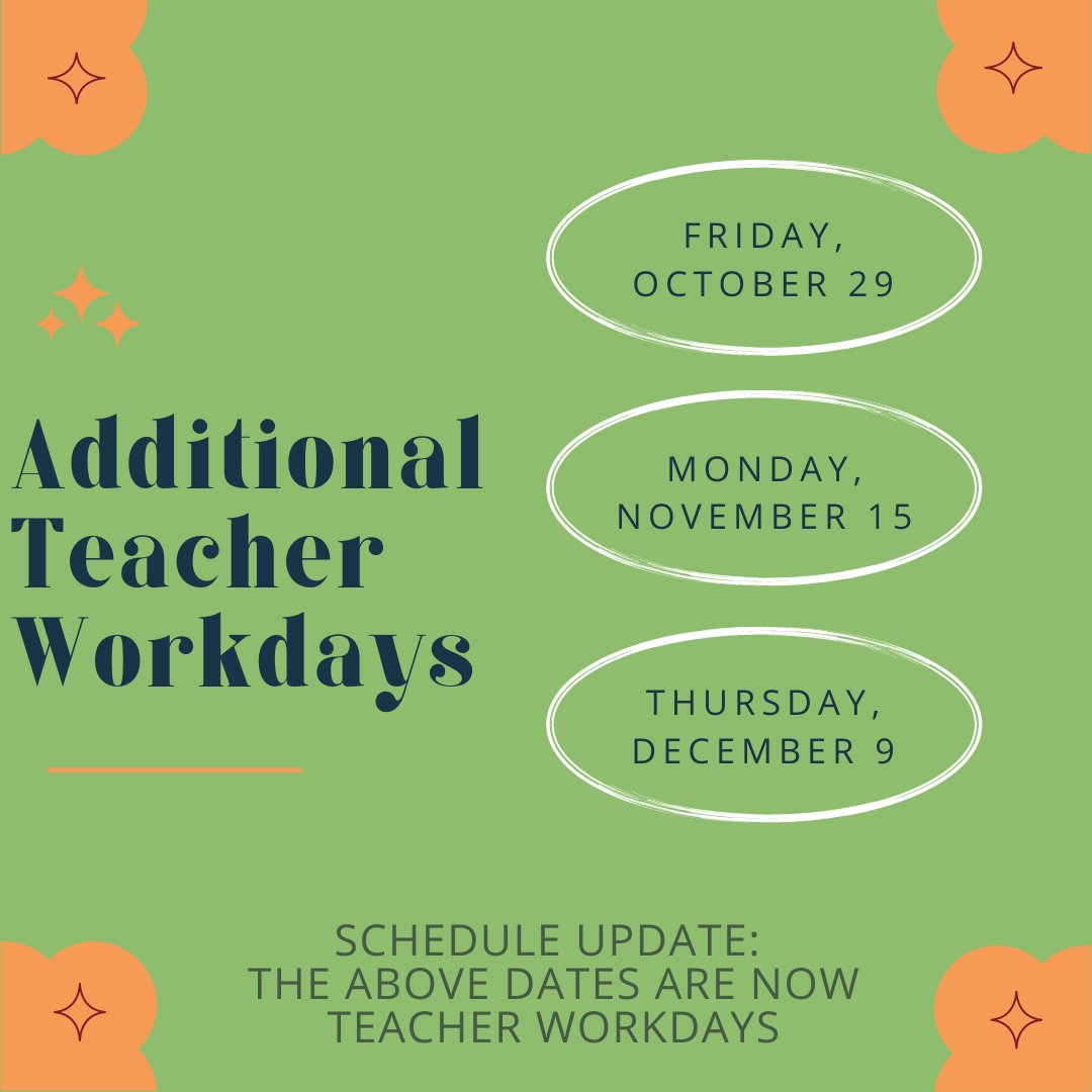 mcps_va's tweet photo. The School Board has approved three additional teacher workdays in the fall semester. Friday, October 29; Monday, November 15; and Thursday, December 9 will now all be Teacher Workdays. Students will not report to school on these days. https://t.co/Smq5Zi0m3R