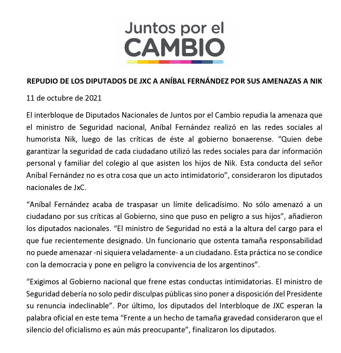 marioraulnegri's tweet photo. Desde el Interbloque @juntoscambioar de Diputados repudiamos al ministro de Seguridad Aníbal Fernández y nos solidarizamos con @Nikgaturro. 
Comunicado: https://t.co/rm5ymm8fpm