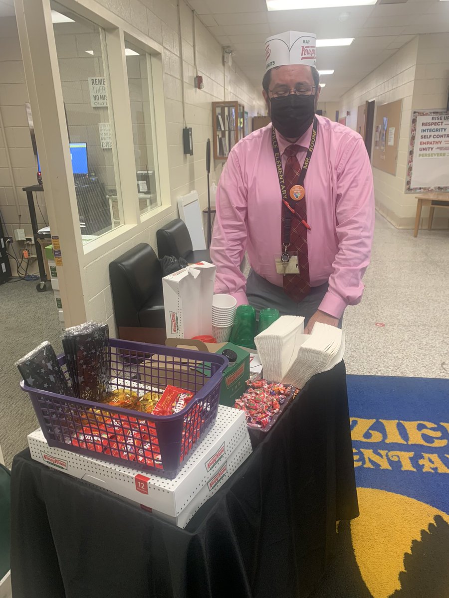 Principal Intern, Daniel Boone <a href="/FrazierElement1/">Frazier Elementary</a> making rounds to deliver doughnuts, coffee, and juice to staff!!!!! RISE UP!!!!!