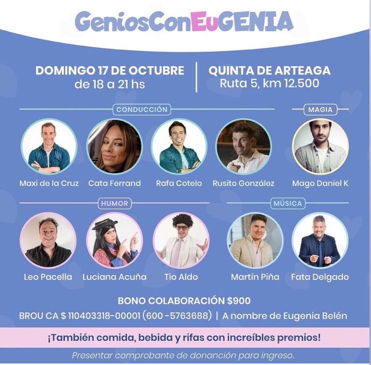 Un montón de GENIOS ayudando a <a href="/EugeSosGenia/">EugeSosGenia</a> este domingo.
Gracias a todos los que puedan colaborar, sea por el medio que sea!
Y gracias <a href="/Maxidelacruz/">Maxi</a>
<a href="/CataFerrand/">Cata Ferrand</a>
<a href="/rafacotelo/">Rafa Cotelo</a>
<a href="/RusitoGonzalez/">Gastón “Rusito” González</a>
<a href="/danielkmagia/">Daniel K</a>
<a href="/leo_pacella/">Pache</a>
<a href="/Lucianaacuna/">Luciana Acuña</a>
<a href="/TioAldoOK/">LA GEMA FALSA</a>
<a href="/martinpinaok/">martinpiña</a>
<a href="/fatadelgado/">Fata Delgado</a>