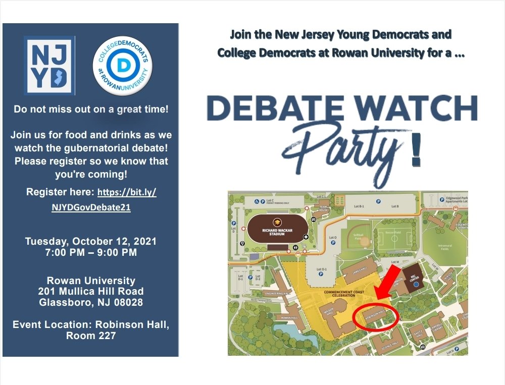 NJYoungDems's tweet photo. Join us tomorrow for our debate watch party at Rowan University! Immediately following the pre-debate rally, join us in Robinson Hall, Room 227. https://t.co/5zWedbmUDu