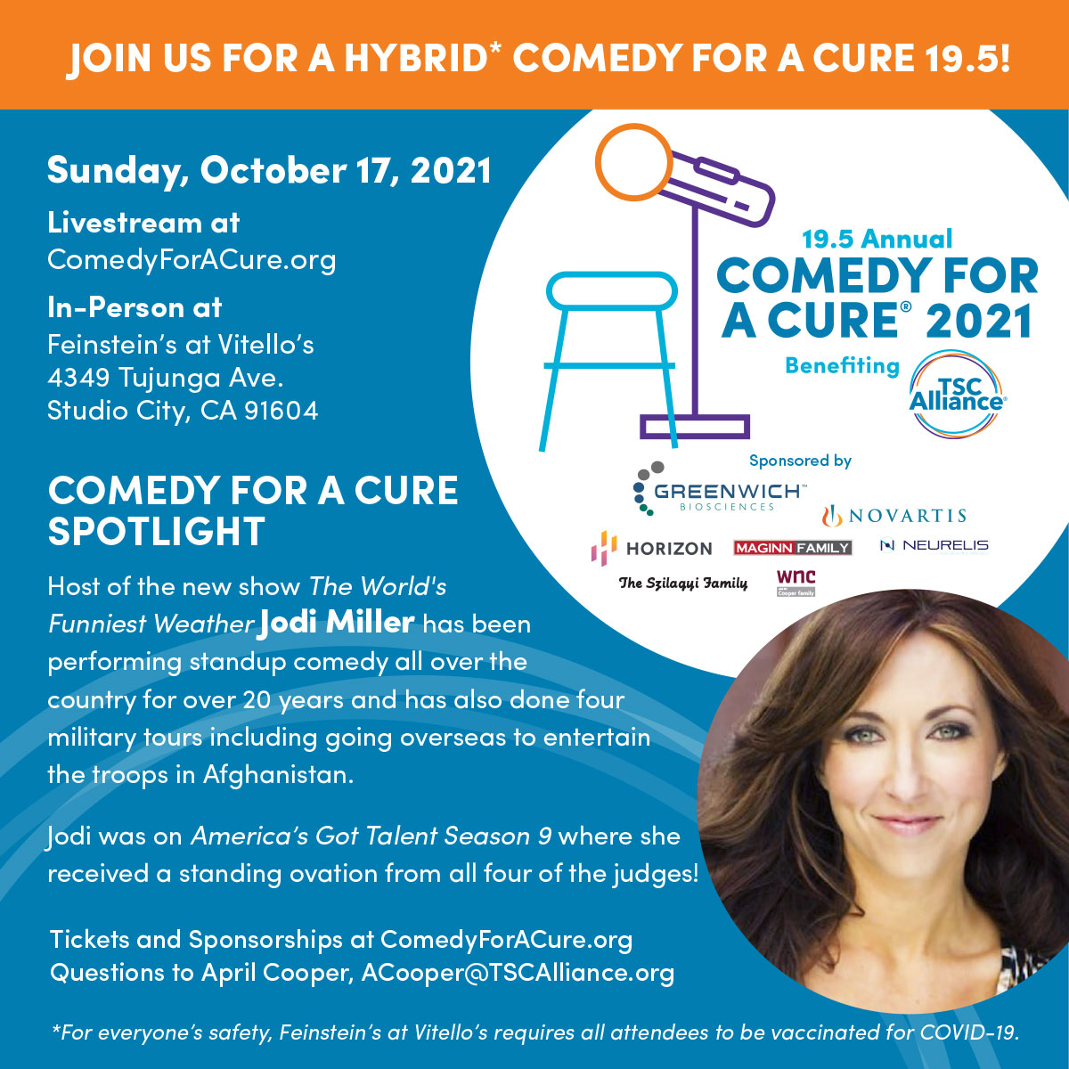 tscalliance's tweet photo. Tonight we want to highlight another comedian performing at our 19.5 Annual Comedy for a Cure® coming to you live and virtually THIS SUNDAY, October 17: @JodiMillerComic! 

To see Jodi and the rest of our hilarious comedians get your tickets now at https://t.co/CRz6EzCteV. https://t.co/AvpAXxC1IP
