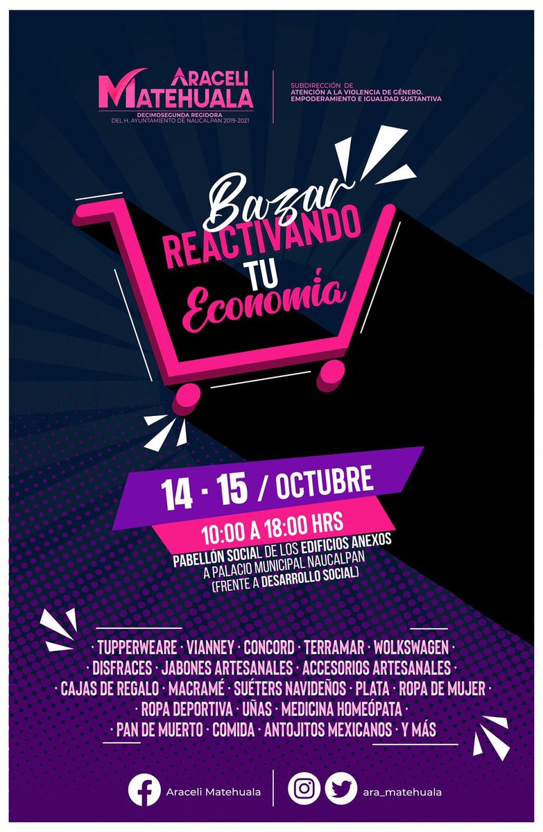 ara_matehuala's tweet photo. La #Pandemia ha golpeado nuestros bolsillos, pero sabemos que el apoyo mutuo nos ayudará a salir adelante, por ello te invitamos a asistir al Bazar #ReactivandoTuEconomía donde encontrarás artesanías, productos de belleza, artículos para el hogar, ropa, comida y más. ☺️😷🙏🏻👍🏻 https://t.co/qZdgZIHn1U