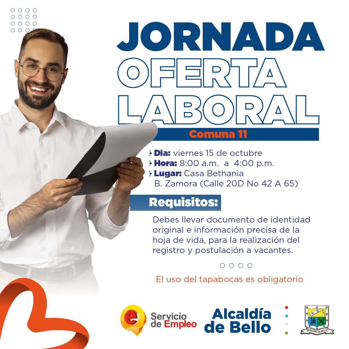 El próximo viernes 15 de octubre 🗓 la Gerencia de Desarrollo Económico descentralizará, con la Agencia Pública de Empleo, una jornada de oferta laboral con vacantes disponibles para los bellanitas de la comuna 11 

¡Acércate y postula tu hoja de vida, aprovecha esta oportunidad!