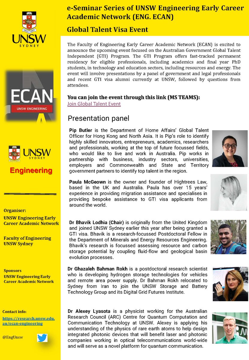 UNSW Eng. ECAN (@engunsw) on Twitter photo @GlobalTalentVisaAU
Tomorrow @ 5PM
#event from <a href="/EngUnsw/">UNSW Eng. ECAN</a> to help bright #UNSWEngPhD to migrate permanently to Australia.
Program with presentations by a panel of #government and legal professionals and recent GTI visa #UNSWalumni, followed by Q&A. @GlobalTalentVisaAU
Tomorrow @ 5PM
#event from <a href="/EngUnsw/">UNSW Eng. ECAN</a> to help bright #UNSWEngPhD to migrate permanently to Australia.
Program with presentations by a panel of #government and legal professionals and recent GTI visa #UNSWalumni, followed by Q&A.