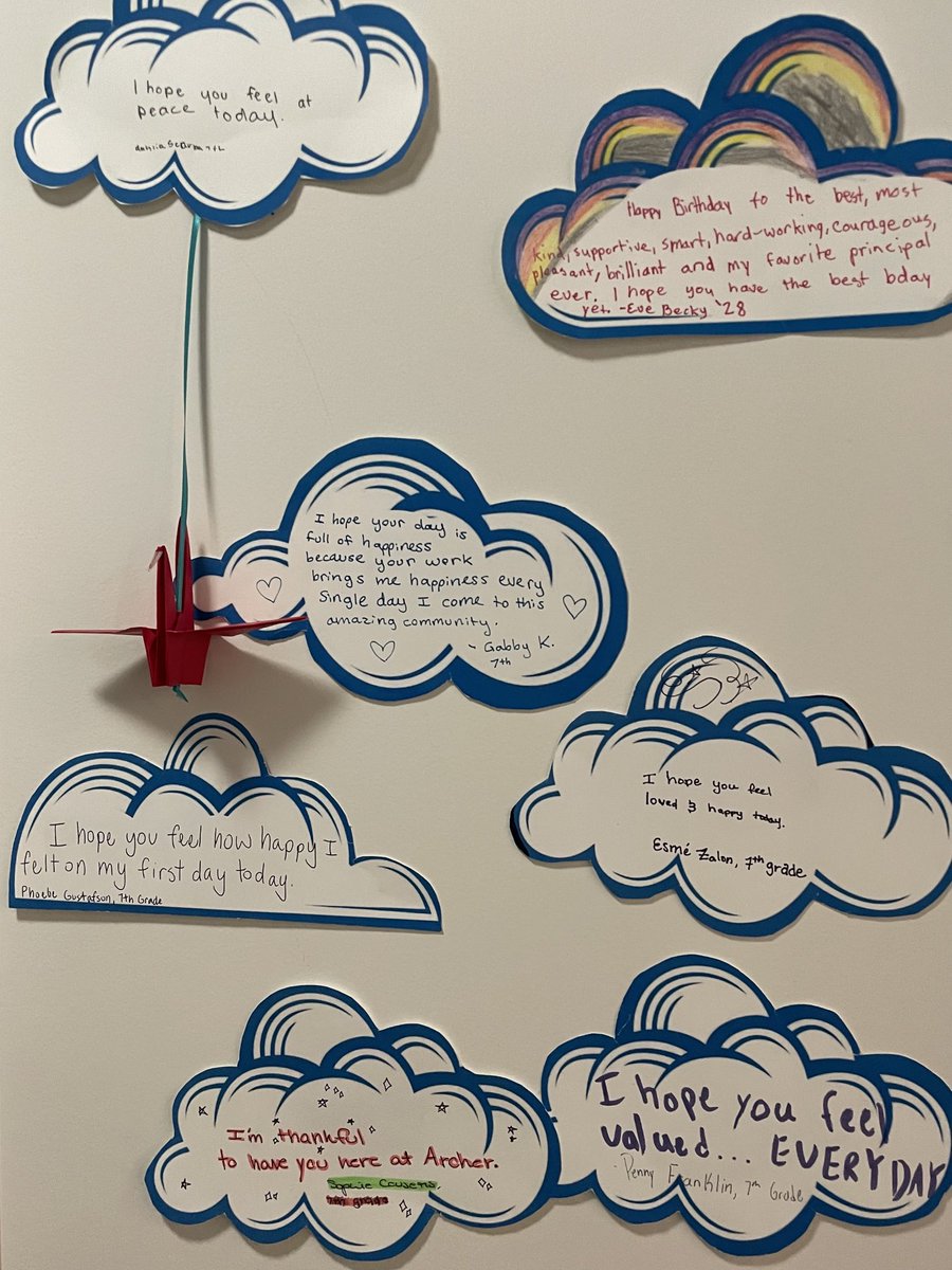 MsEnglishTweets's tweet photo. Our theme this year ⁦@ArcherSchool⁩ is INTENTION. So much love in these notes of appreciation and affirmation from the Middle School on my birthday! Great thing about getting older: it’s easy to see that the most important intention is kindness. ❤️ https://t.co/L6bIzXQXC7