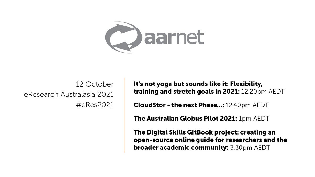 AARNet's tweet photo. We have a number of talks on today for @AeRO_eResearch #eRes2021!
Training & stretch goals: 12.20pm AEDT
Find out what's next for #CloudStor: 12.40pm
Australian @globus pilot info: 1pm
DigiSkills GitBook project: 3.30pm
Register at https://t.co/ToEGwmkxQa
#eResAU #eResearch https://t.co/uEPUl6qY6H