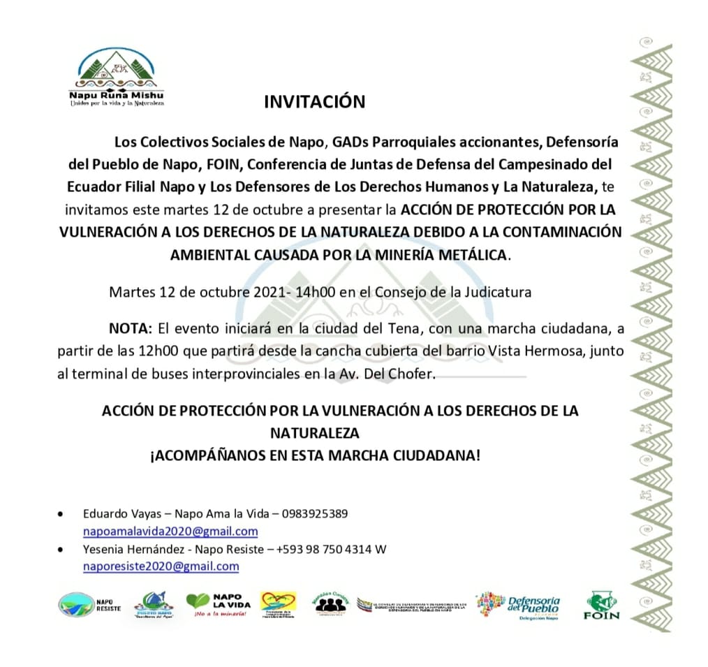 🚨 Mañana 12 Octubre del 2021 los Colectivos Sociales de Napo, Defensoría del Pueblo, Gads Parroquiales, FOIN, el CDDDHNDPN y la Confederacion de Juntas de Defensa del Campesinado del Ecuador filial NAPO, presentaremos nuestra ACCIÓN DE PROTECCIÓN 🚨
