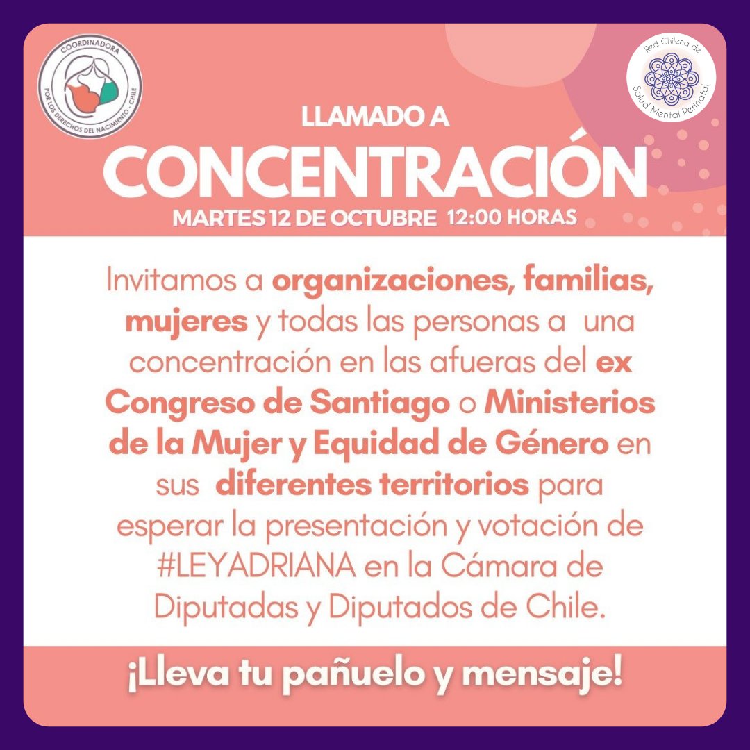 RPerinatal's tweet photo. Llamado Martes 12 de octubre de 2021 #LeyAdriana:
12:00 hrs. Concentración en todo Chile
ARICA: SernaMEG Arica
IQUIQUE: SernaMEG Iquique
VALPO: Entrada Congreso Nacional
SANTIAGO: Frontis ex-Congreso Nacional
TALCA: Plaza de la Resistencia (Ex Plaza de Armas de Talca) https://t.co/cFUdyKLJVL