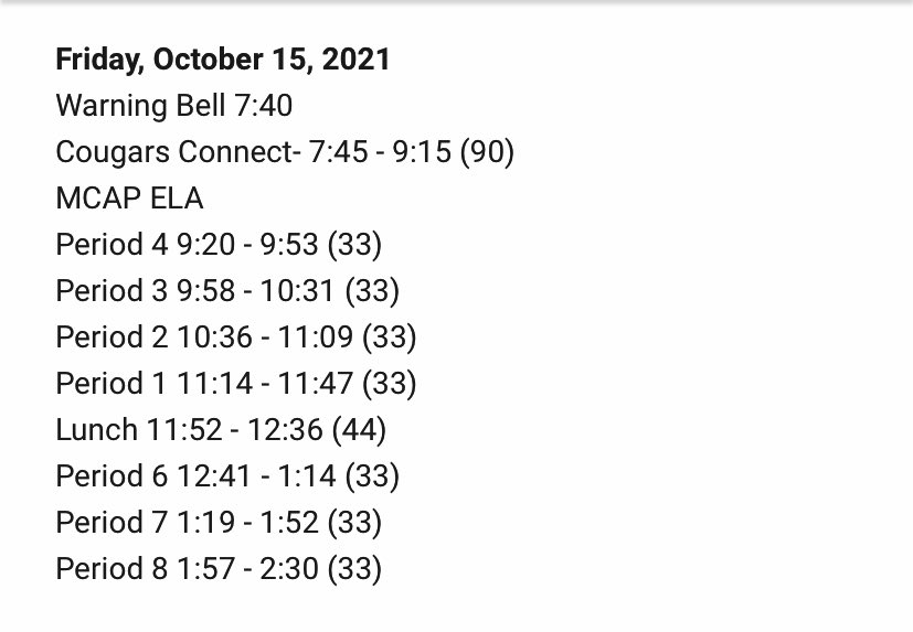 Testing continues this week and we have revised schedules each day. Read and share! <a href="/QOHS_SGA/">QOHS_SGA</a> <a href="/QOBoosters/">Quince Orchard Boosters</a> <a href="/QOHSCounseling/">QO Counseling</a> @APVNajera @QOHS_AP <a href="/yarborop2/">Yarborop2</a> <a href="/QuinceOrchardHS/">Quincy the Cougar</a> 
🐾 Tues 10/12- MCAP Math
❤️ Wed- 10/13-PSAT &amp; SAT
🐾 Thurs- 10/14-MCAP ELA
❤️ Fri- 10/15- MCAP ELA
🙌🏻🐾❤️