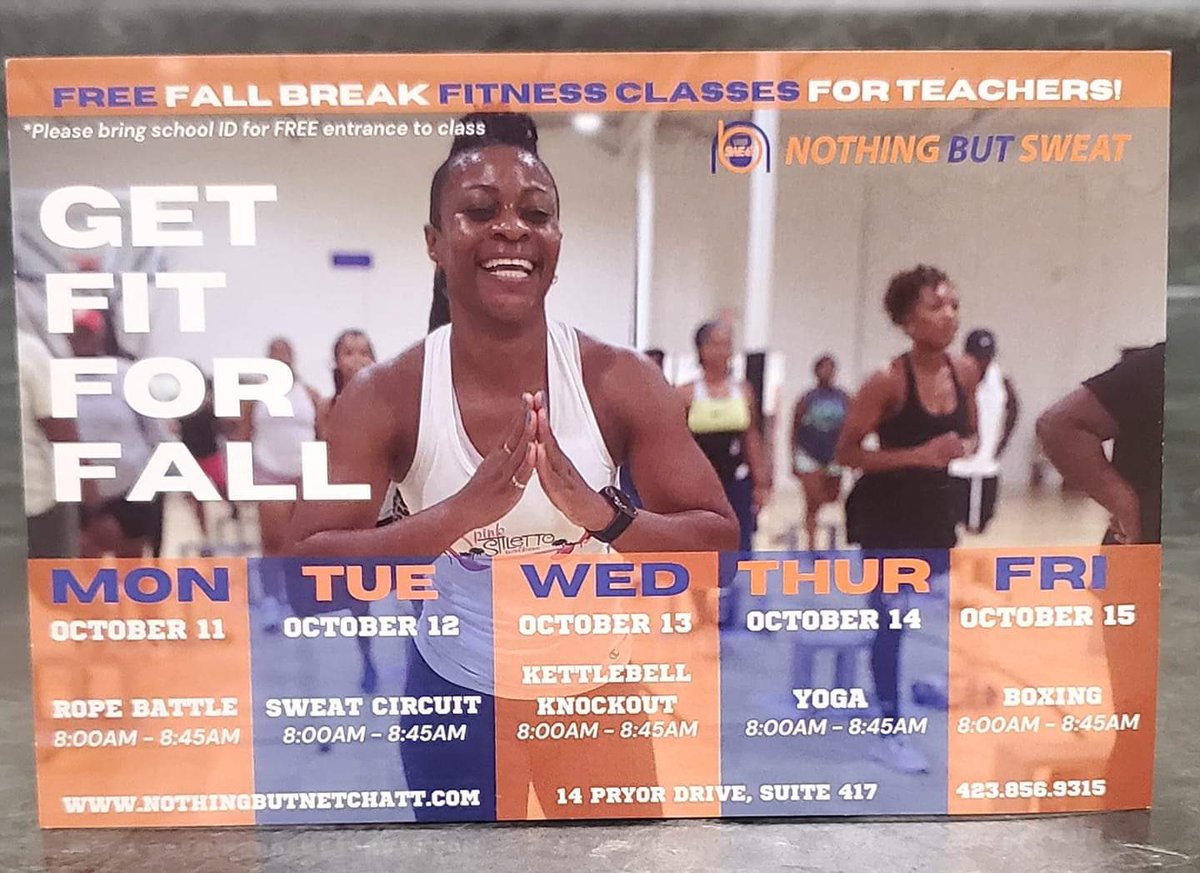 🌟F.R.E.E!!!!!!!!🌟 All week long. Any and every educator. 8:00-9:00, special time just for you. Every class is worth getting up for! Join and Get Fit for Fall 🍁🏃🏾‍♀️🏃🏾🏋🏾‍♀️💪🏾

Thanks NothingButNet/Sweat for appreciating educators!📚👨🏾‍🏫🧑🏻‍🏫👩🏾‍🏫❤️