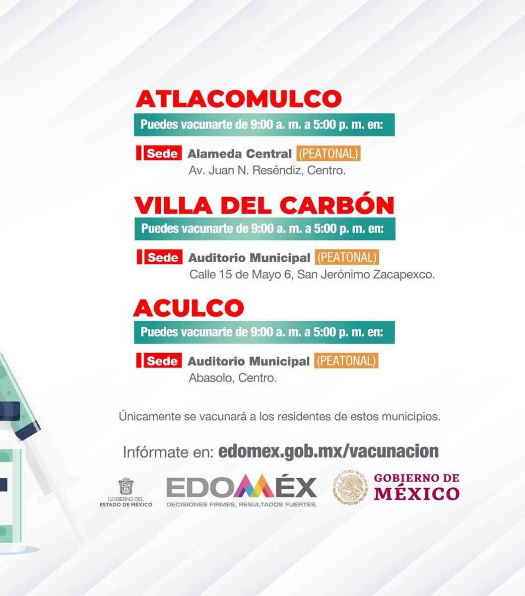alfredodelmazo's tweet photo. Del 12 al 15 de octubre estaremos aplicando la primera dosis a personas de 18 a 29 años y mujeres embarazadas en #Atlacomulco, #VillaDelCarbón y #Aculco. #EstrategiaDeVacunación https://t.co/7K4SzrTpCY