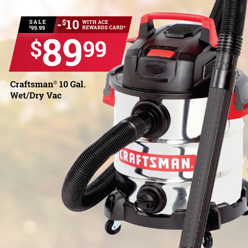KapAceHardware's tweet photo. Workspace and household cleanups are fast and easy with a Craftsman® 10 Gal. Wet/Dry Vac, now just $89.99 after $10 Instant Savings with your Ace Rewards Card. Limit 4 at this Ace Rewards price. Offer valid at participating locations Oct. 1–31. #MyLocalAce https://t.co/A9jfeOtGgS