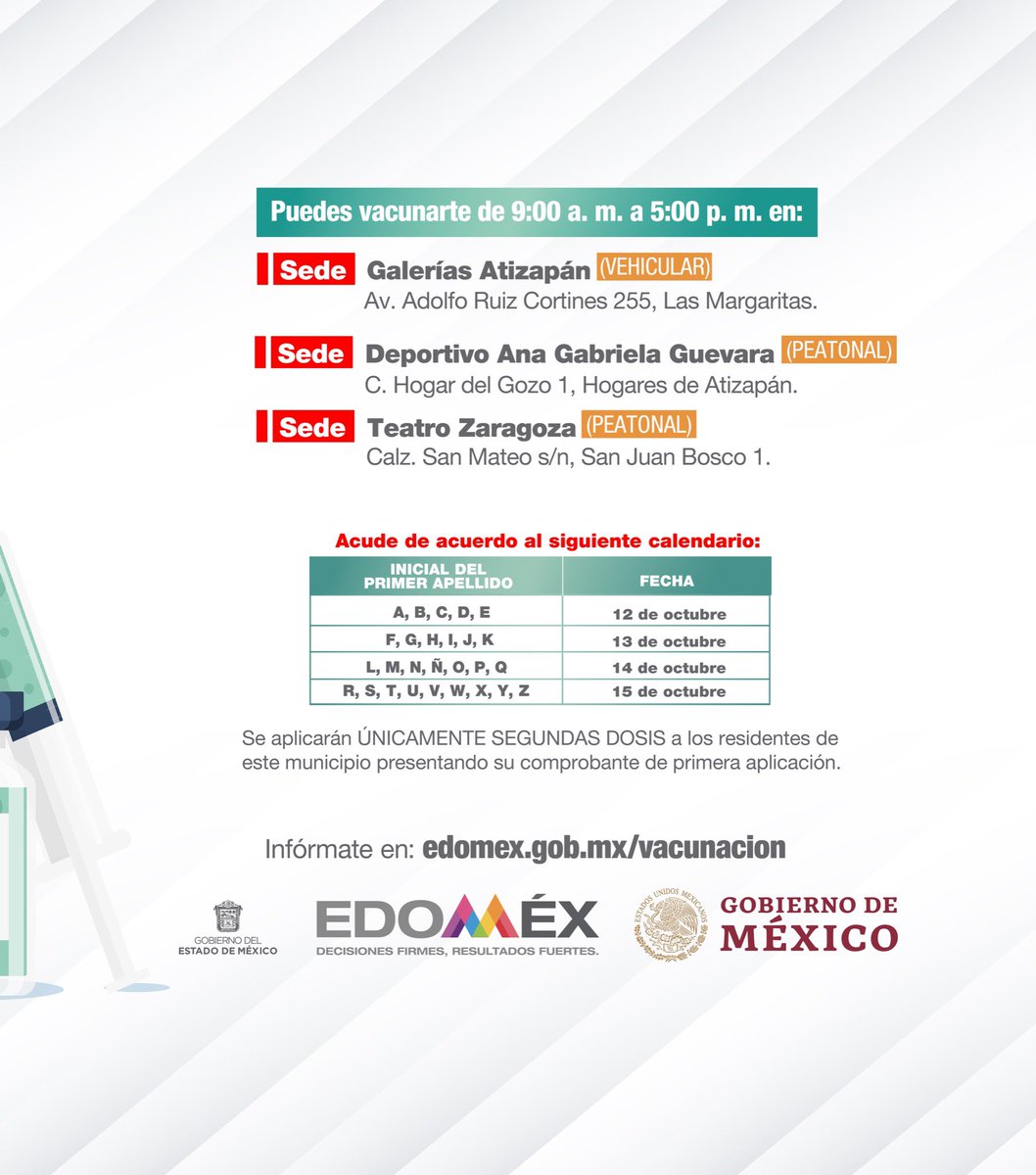 alfredodelmazo's tweet photo. Del 12 al 15 de octubre estaremos aplicando la segunda dosis a los adultos de 30 a 39 años en #AtizapánDeZaragoza. #EstrategiaDeVacunación https://t.co/lysvJ4kMX7