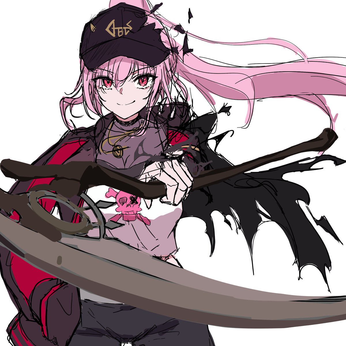 mori calliope 1girl scythe pink hair holding scythe hat solo jacket  illustration images