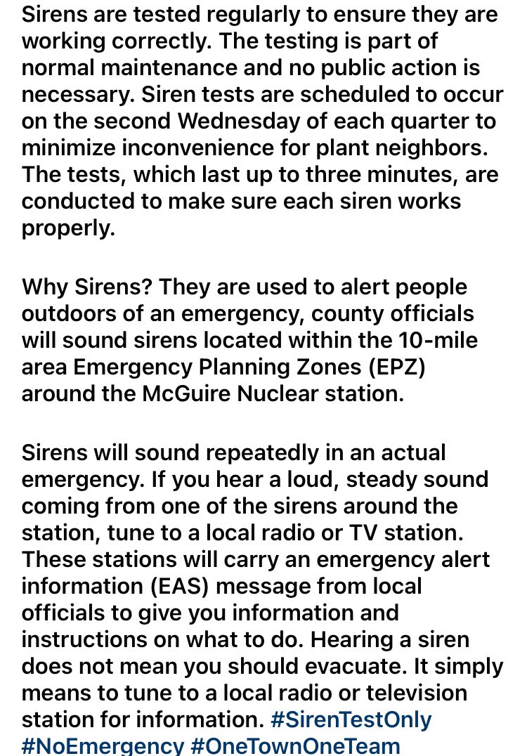 Huntersville_FD's tweet photo. *ALERT* This Wednesday (October 13) There will be a full volume siren test for the McGuire Nuclear Station at 11:50am. This is part of the regular, quarterly, siren test program. #SirenTestOnly #NoEmergency #OneTownOneTeam https://t.co/z2QUtdAhCM