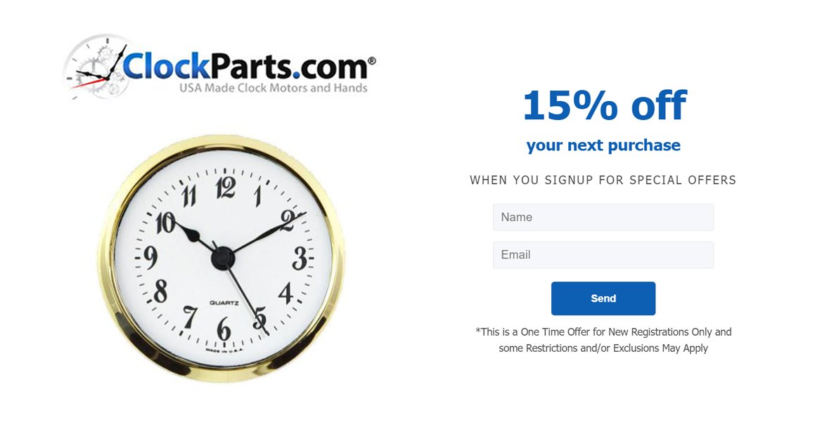 ClockPartsCom's tweet image. Visit our updated website and sign up for special offers! CLOCKPARTS.com — Receive 15% off your next purchase when you register (new registrations only; some restrictions and/or exclusions may apply). #ClockMakingParts #ClockHobbyist #ClockBuilding #ClockParts #Clocks