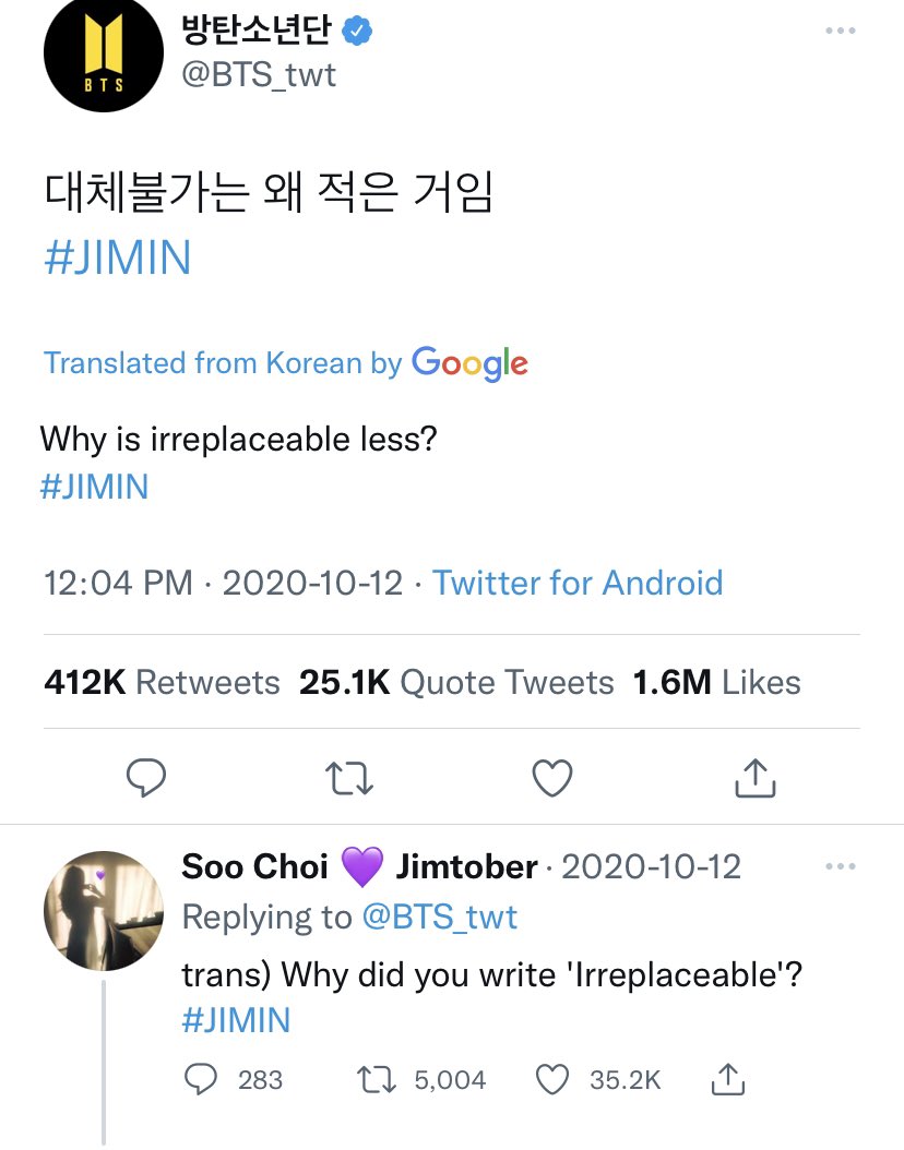 Last year for Jimin's birthday, Yoongi used the hashtag #NoSubstitute and Jimin said: 'Why did you write irreplaceable?' ....YOONMIN 😭