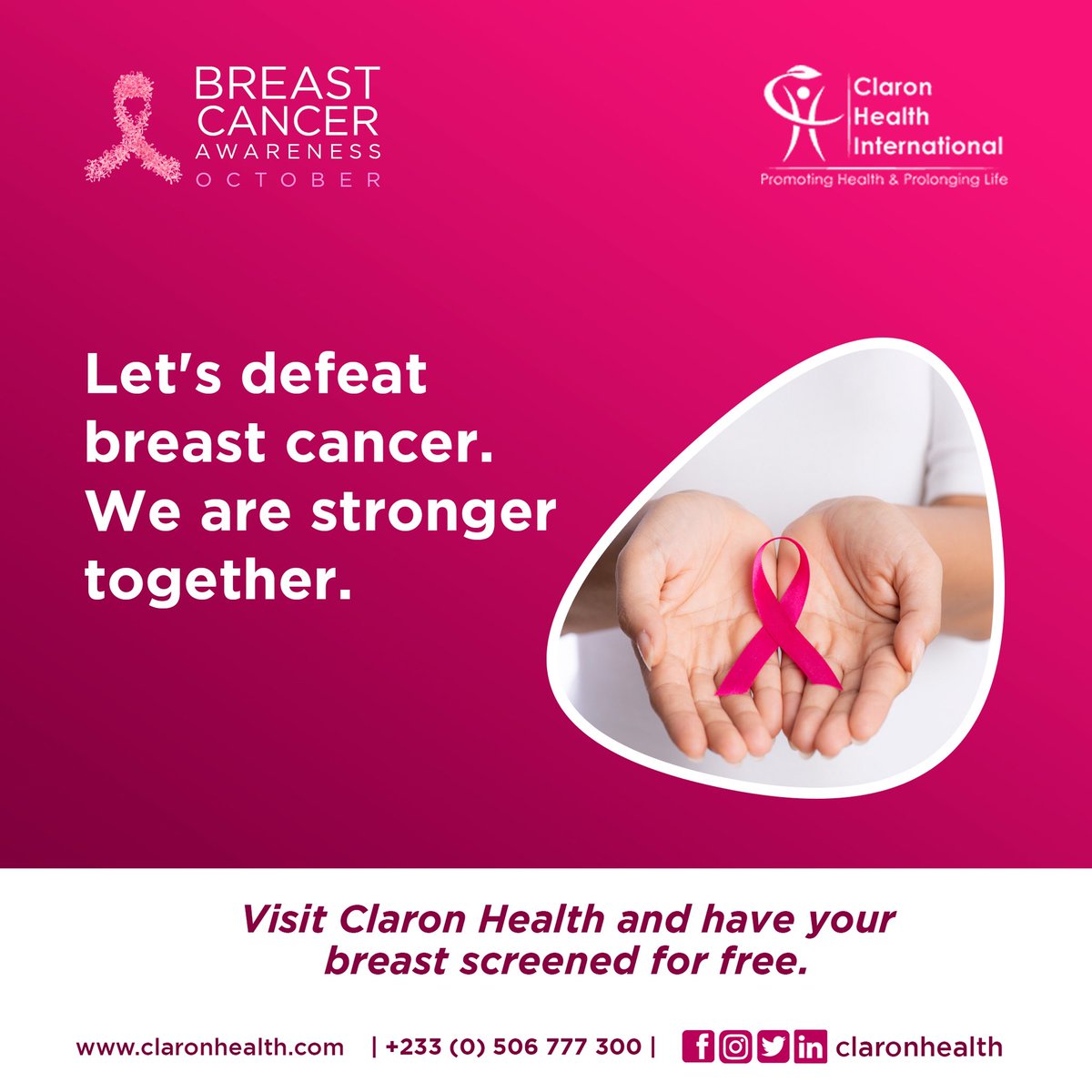 claronhealth's tweet photo. Together let us fight this life threatening cancer.
The free breast screening service is ongoing at Claron Health International. Come in with your friends and family.
Early detection is the key to surviving #breastcancer
#claronhealth #claroncares #pinkoctober🎀 #TouchThem https://t.co/SUbx2DRRQM