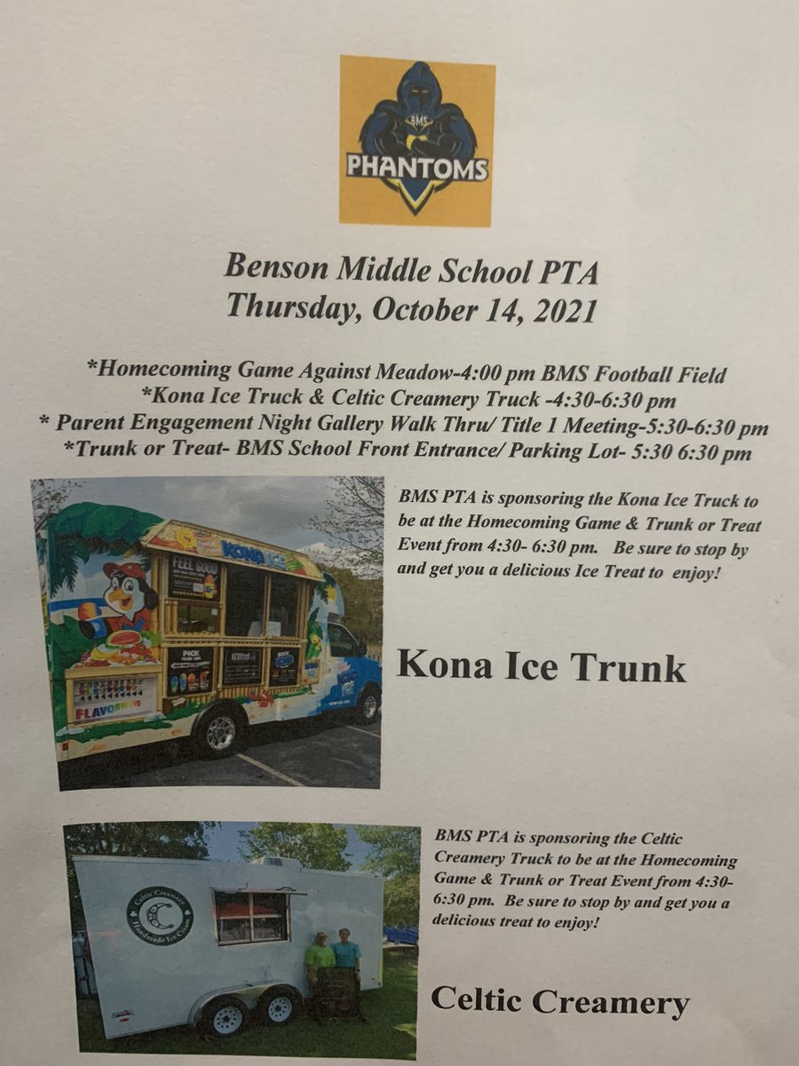 Please help spread the word!  The Trunk or Treat event is not just for BMS Students.  It is a family friendly event.  The Kona Ice Truck &amp; Celtic Creamery Truck will be selling delicious goodies that can be purchased.🎉💙💛

Thanks!

<a href="/benson_middle/">BensonMiddleSchool</a> 
<a href="/PtaPride/">Benson Middle School PTA</a> 
<a href="/benson_club/">Benson Middle School Athletic Booster Club</a>