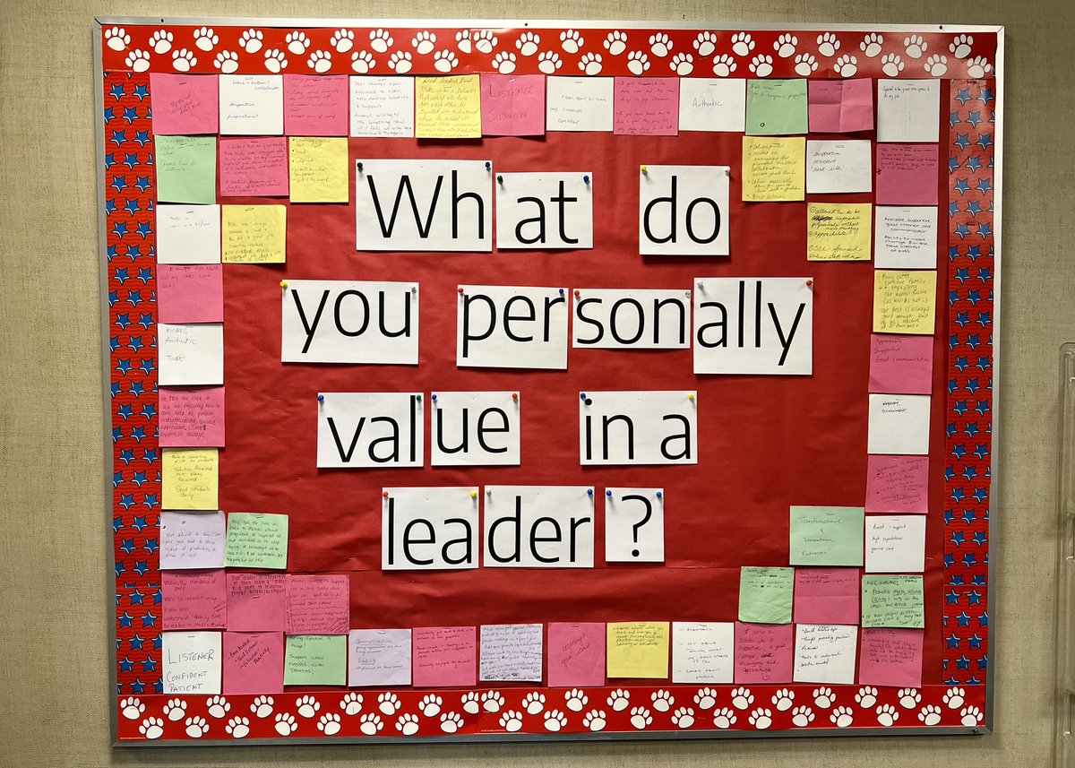 On my first day at @HillendaleUCFSD I asked our team what they each personally value in a leader. Finally got around to displaying all their responses today! #HappyHillendale 🐕 #Thankful 🙏🏻❤️💛#BulletinBoard 🖼 #BigShoesToFill! 👟