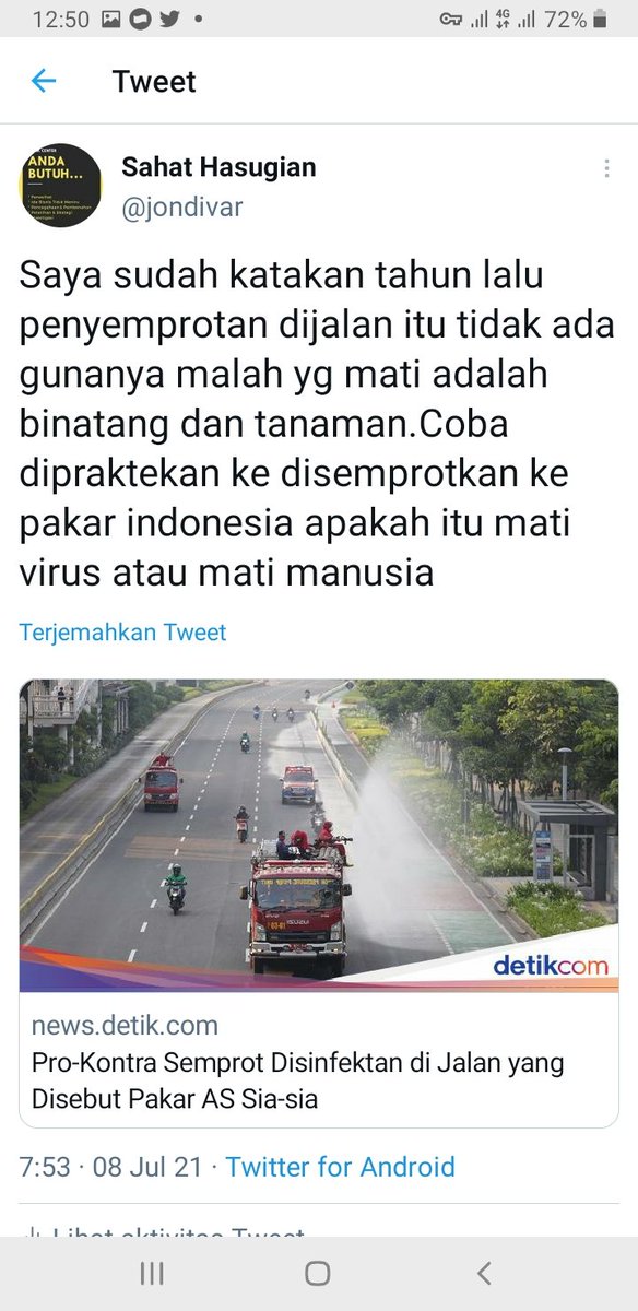 Apakah ada yg mau para pakar disemprotkan disinfectan ketubuhnya ? Jangan manusia sebagai kelinci percobaan demi uang.krn disinfectan sangat berbahaya bagi tubuh manusia dan hewan serta tanaman.