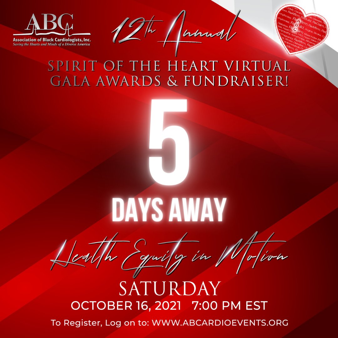 ABCardio1's tweet photo. @LisaCooperMD @DrLaPrincess @ycommodore @DrDeidraCrews @Hopkins_GIM @JHUWelchCenter @JHhealthequity @SharonneHayes @JohnsHopkinsSPH @Alvarez11C @EmoryDeptofMed @jonmcreynolds Countdown Begins!β±In 5β£ days, ABC's 12th Annual #SpiritoftheHeart Virtual Awards Gala & Fundraiser streams Live to your home! π Make sure to RSVP for those front-row seats! πΊ Admission is Complimentary: https://t.co/fDXpR2ueQP #SOHGala2021 #HealthEquityInMotion https://t.co/kcld4aQ1A7