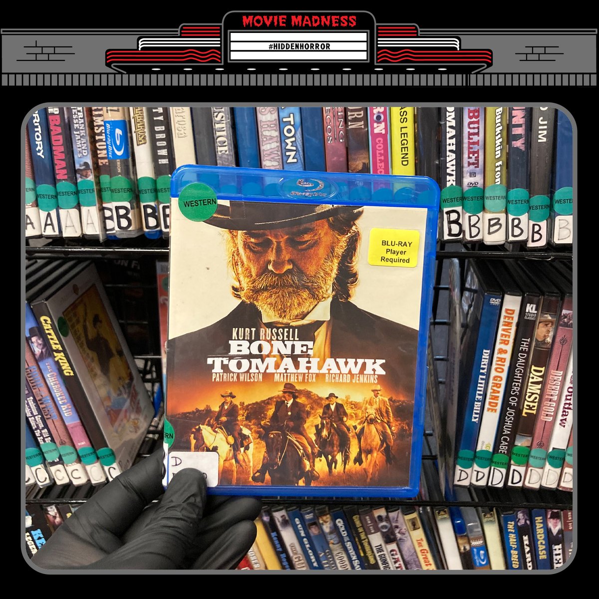 MovieMadnessPDX's tweet photo. For today’s #HiddenHorror we’re dipping into the Western section. 2015’s BONE TOMAHAWK follows a posse led by a spectacularly mustached Kurt Russell set out to rescue the town’s doctor and end up facing off against cannibalistic cave dwellers. Good luck getting through it. https://t.co/uTaPnQEQtq