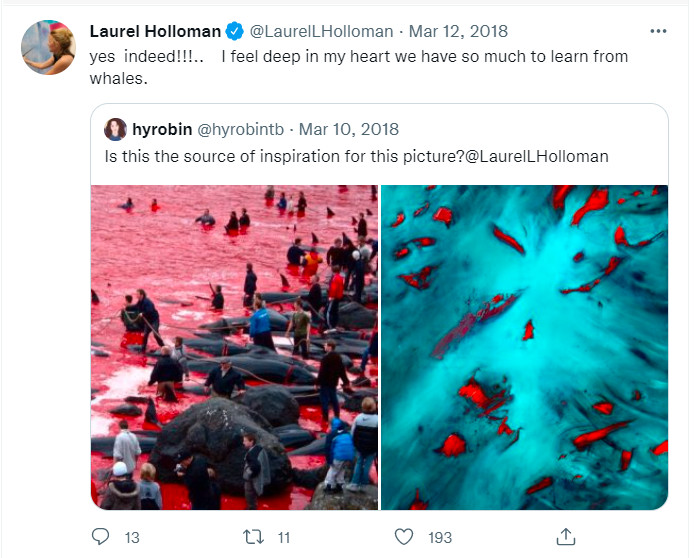 LHAAppreciation's tweet photo. A question posed to Laurel which she answered, regarding her inspiration for Blood Ocean.  

#LaurelHollomanArt  #bloodocean  #whales  #abstractart #femaleartist @LaurelHolloman https://t.co/JhKjtP0Vnd