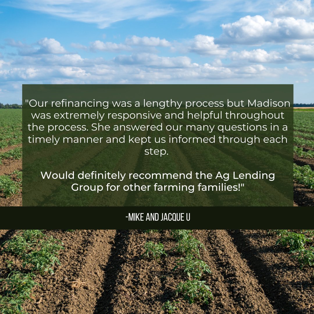 Thank you for the feedback! At Ag Lending group, we learn everything we can about your #farm so that we can find the best #loan available to meet your needs. 

We are here to help you with any questions you have, no matter where you are in the #financing or #refinancing process.