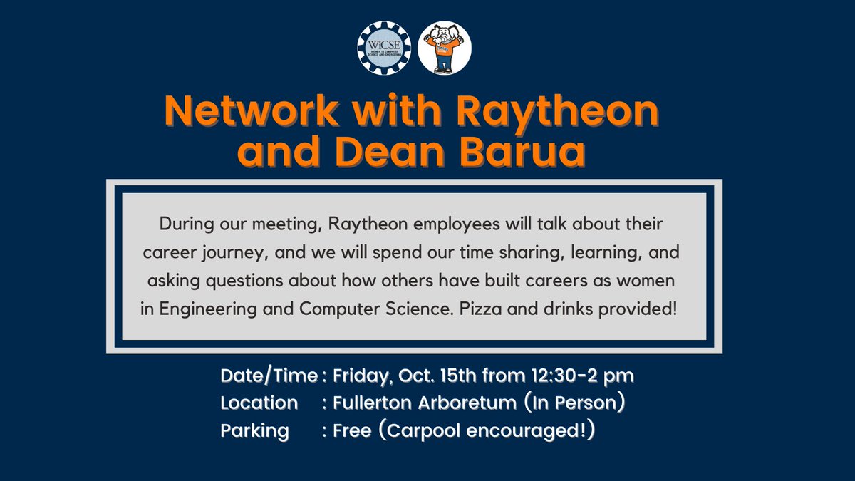 csuf_wicse's tweet photo. Join us Friday, 10/15 at the Fullerton Arboretum! From 12:30-2pm, Raytheon employees will be networking with WiCSE members and discussing how they built their ECS careers. * RSVP BY TUES, OCT 12 @ 10am: https://t.co/F8jGJOUcTf *
#csuf #wicse #wicsecsuf https://t.co/343LvRCHtC