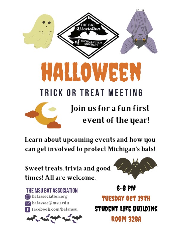 MSUbats's tweet photo. Hey, bat lovers! Please join us for our first club meeting of the semester next Tuesday, October 19th at 6:00pm. We know we've kept you waiting - thanks for hanging in there! As a thank you, this meeting will be a special Halloween meeting. Join us for a fun, spooky evening! https://t.co/72fGuNMjSd