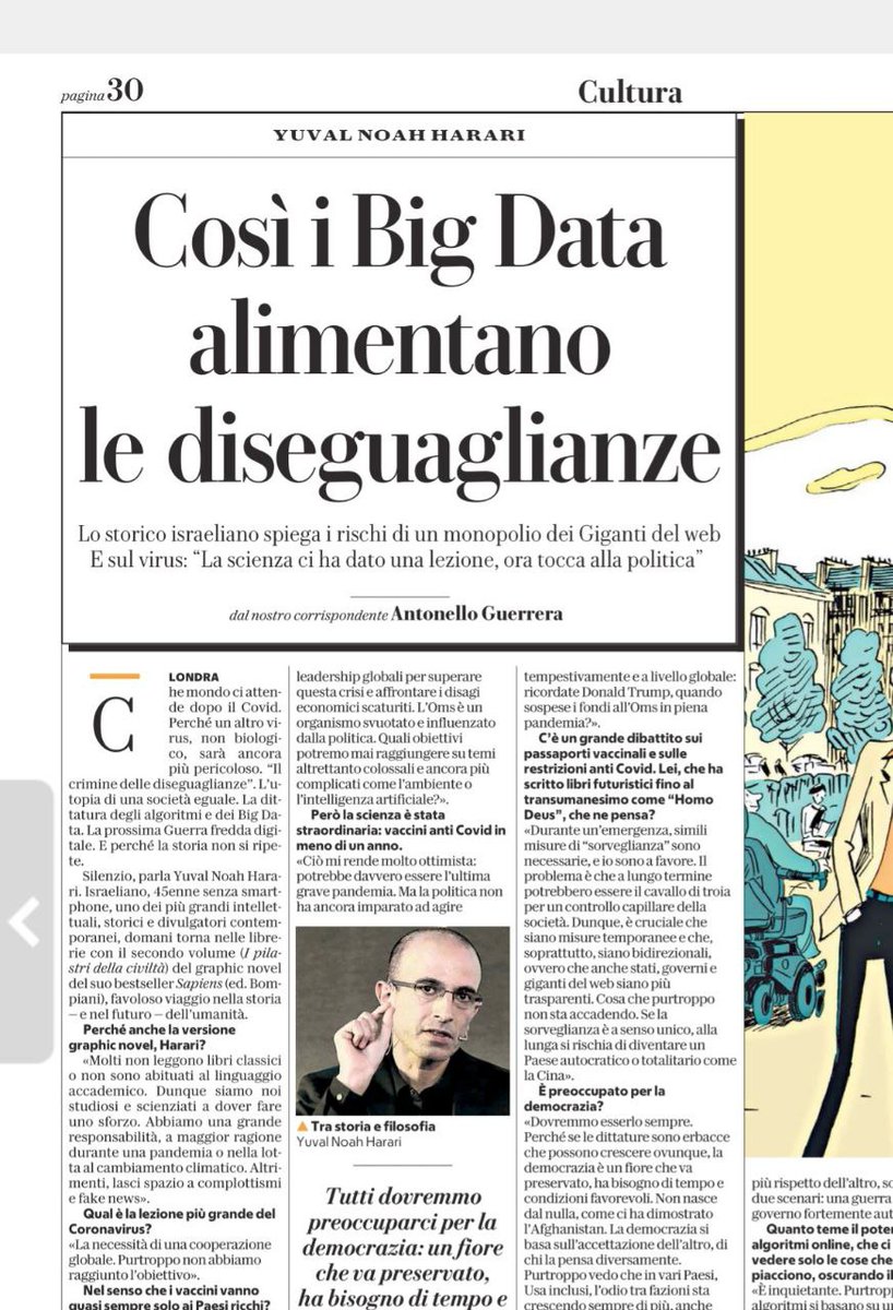 #12ottobre Come si contrasta "complottismo"? Non certo dicendo che va tutto bene. Due le parole magiche da usare: disuguaglianza e profitto, conflitti non complotti.Lo ricorda storico <a href="/harari_yuval/">Yuval Noah Harari</a>. Contro pandemie necessaria cooperazione. Potere giganti tech mina basi democrazia