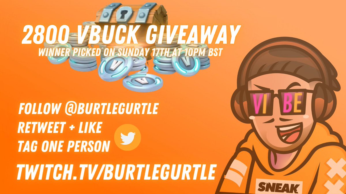 🪙 2800 VBUCK GIVEAWAY! 🪙

👉Follow @BurtleGurtle
👉LIKE and RETWEET
👉TAG one other person!

🪙 WINNER picked > Sunday 17th > 10pm BST 🪙

#Fortnite #Vbucks #VbuckGiveaway