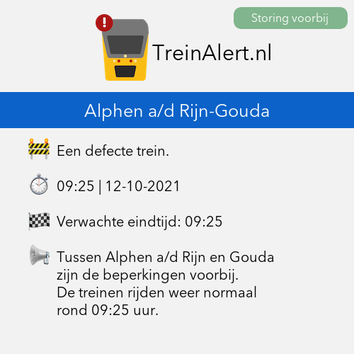 TreinAlert's tweet photo. ✅ @TreinAlert Storing voorbij
⏱ Duur: 5min

Tussen Alphen a/d Rijn en Gouda zijn de beperkingen voorbij. De treinen rijden weer normaal rond 09:25 uur. https://t.co/2Oo9Wd7MgH