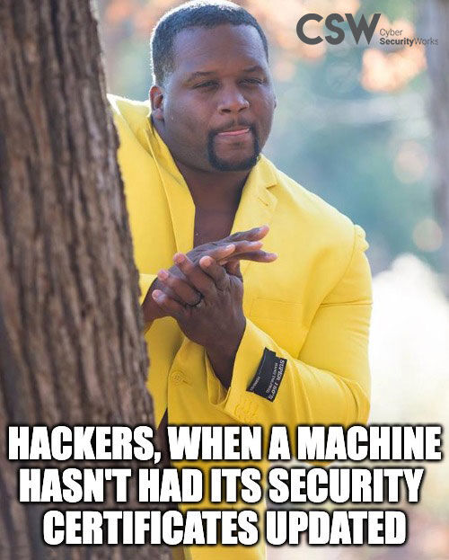 securin_inc's tweet photo. Make sure to update your security certs before this happens to you!

#memes #cybersecurity #cybersecurityawareness #cybersecurityawarenessmonth #securitydebt #securitypatches #securityhumor #cybersecuritymemes #infosec https://t.co/4XEG9FN6Hh